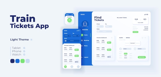 Train tickets app screen vector adaptive design template. Internet booking service application day mode interface with flat character. User profile smartphone, tablet, smart watch cartoon UI