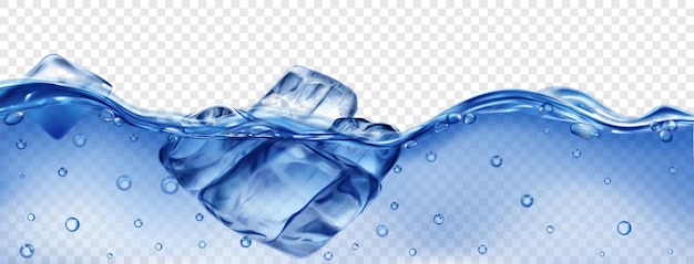 Translucent blue ice cubes floating in water with air bubbles isolated on transparent background