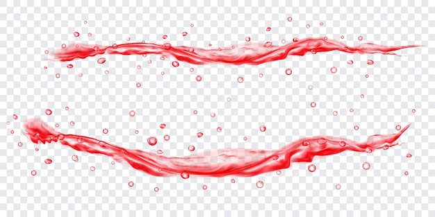 Translucent water jets with drops in red colors isolated on transparent background Transparency only in vector file