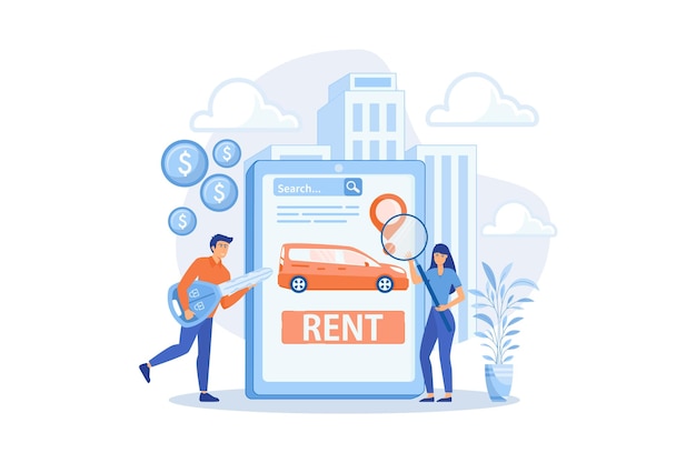 Transport renting website automobile buying Man searching used auto on Internet Rental car service