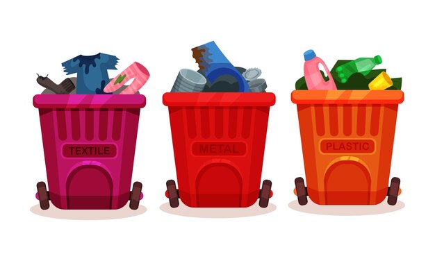 trash bins full of sorted garbage vector set