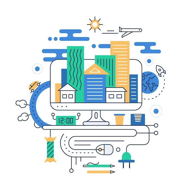 Travel planning. Illustration of  modern line   city composition with city buildings and travel infographics elements