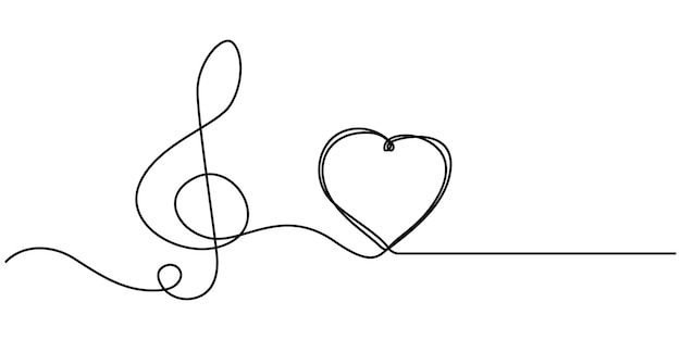 Treble clef continuous one line drawing Music note with love sign Isolated on white background