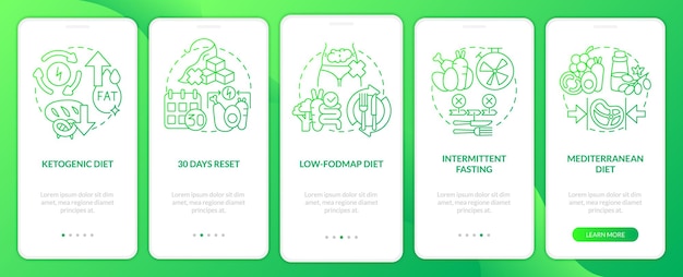 Trendy diets green gradient onboarding mobile app screen Nutrition walkthrough 5 steps graphic instructions pages with linear concepts UI UX GUI template Myriad ProBold Regular fonts used