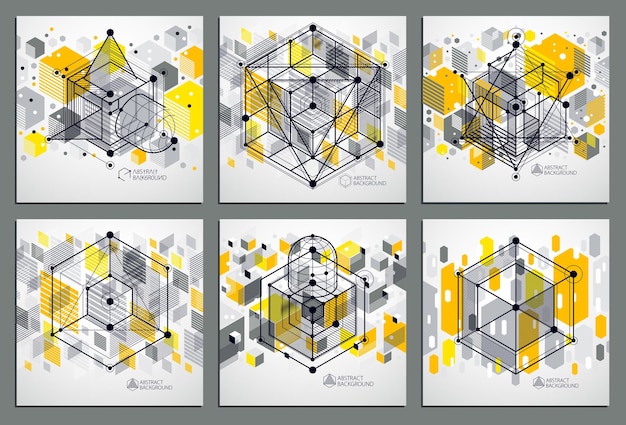 Trendy geometric vector patterns set, textured abstract cube mesh yellow background. Technical plan, abstract engineering draft for use in graphic and web design.