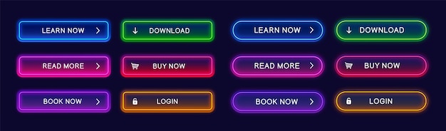 Trendy glow neon buttons for web design apps ui Abstract vector neon buttons isolated on dark background Ready web concept element for website