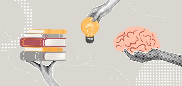Trendy halftone collageEducation ideas and knowledgeConcept of mental skills developmenteducation