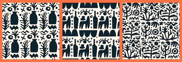 Trendy set of seamless patterns with various doodles, colorful shapes and authentic objects. Abstract modern vector illustration background. Contemporary art backdrop for print, textile.