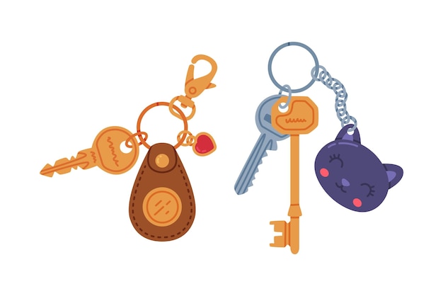 Trinket with Key Hanging with Keychain or Keyring Vector Set