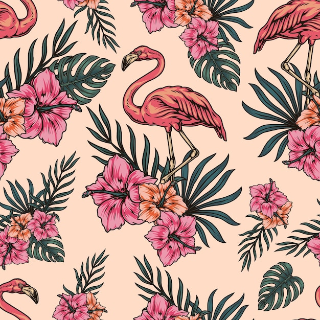 Trooppinen vaalea saumaton kuvio flamingojen, hibiskuskukkien, monstera- ja palmunlehtien kanssa