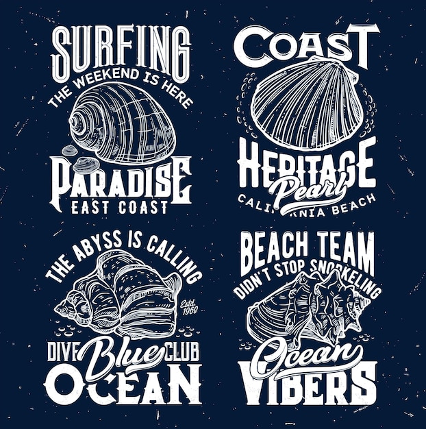 Tshirt print with ocean shells vector emblems