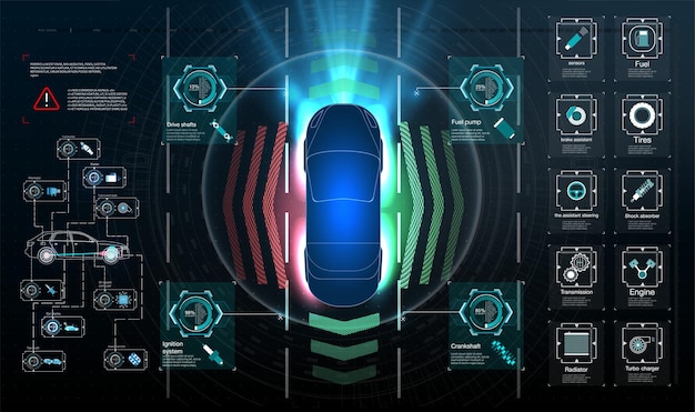 Tulevaisuuden konseptit, älykäs auto, HUD GUI -hologrammi, automaattinen jarrutusjärjestelmä, joka estää autojen törmäyksiä