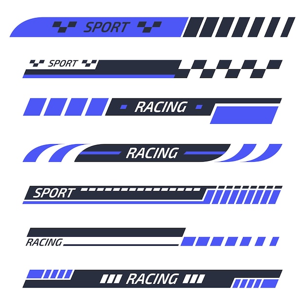 Tuning racing stickers Sports car motor boat stripes vehicle tuning decals flat vector illustration set Tuning striped sport bars