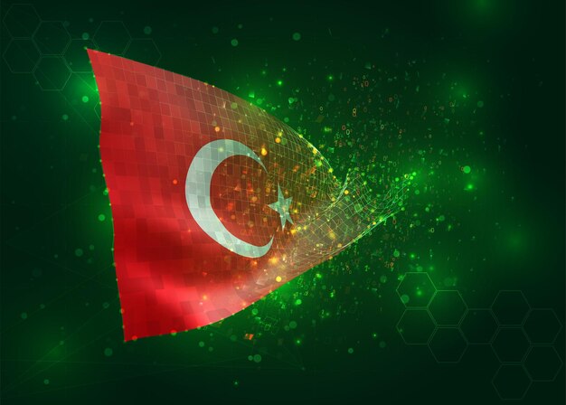 Turkey on vector 3d flag on green background with polygons and data numbers