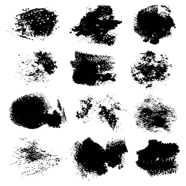 twelve abstract textured strokes and prints thick black gouache paint isolated on a white background