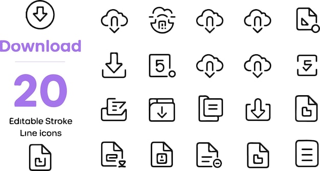 Twenty download icons featuring cloud document and file symbols with editable stroke line icons
