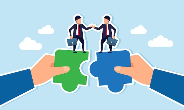two businessmen stand on a puzzle piece held by hands agreeing and shaking hands illustration of an agreement for collaboration in a joint venture
