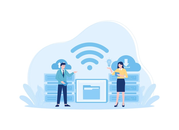 Two characters with cloud storage icon concept flat illustration