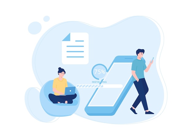 Two characters with phones concept flat illustration