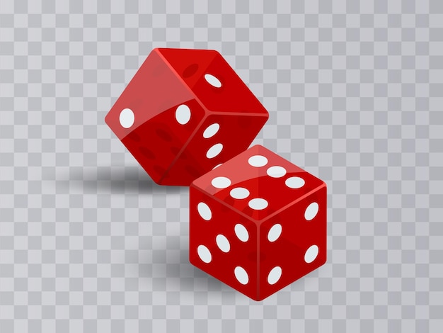 Two dice casino gambling. Red poker cubes vector isolated on transparent background. Collection of gambling app and casino template.