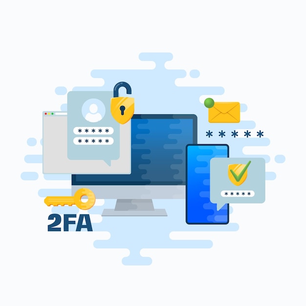 Two factor autentication security illustration Login confirmation notification with password code envelope message Smartphone mobile phone and computer app account shield lock icons Isolated