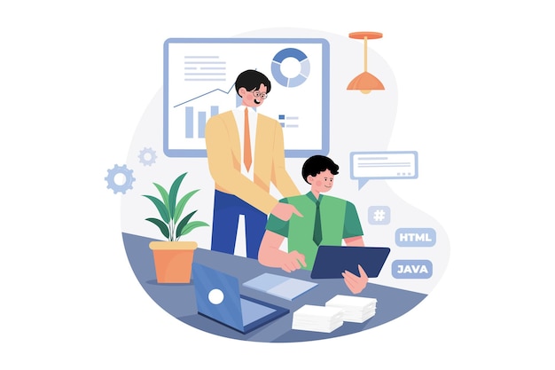two guys are working with files and data