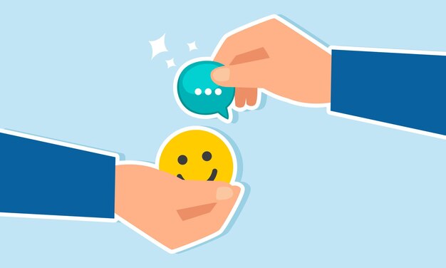 Two hands hold a chat dialog and others hold a smiling emoticon intending to exchange illustration of gaining positive engagement for performance in a business concept presentation