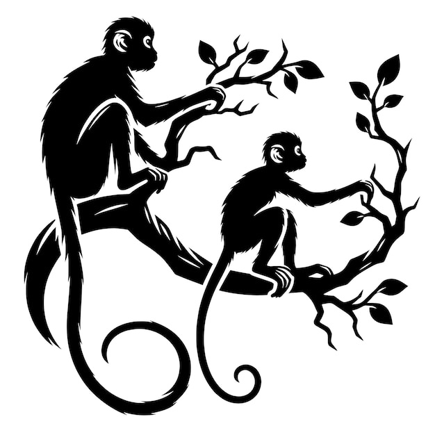 Two monkeys sitting on tree branches black silhouette