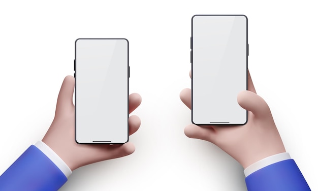 Two positions of realistic businessman hands holding the black smartphone with blank screen and modern frameless design isolated on white background. Vector illustration