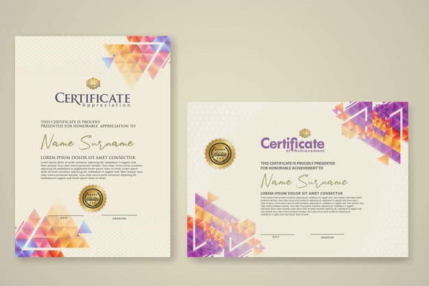 Two set certificate template with dynamic and futuristic polygonal color and modern background