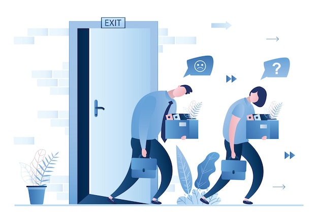 Two unhappy fired employees or business people is leaving office Unemployment concept banner
