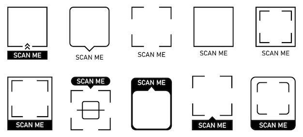 Tyhjät QR-koodi-viivakoodikehykset eristettynä valkoisella taustalla. Skannaa minut -viivakoodikehykset eri tyyleillä. Digitaalisen skannauksen QR-koodikehys maksua varten. Vektori-kuvitus