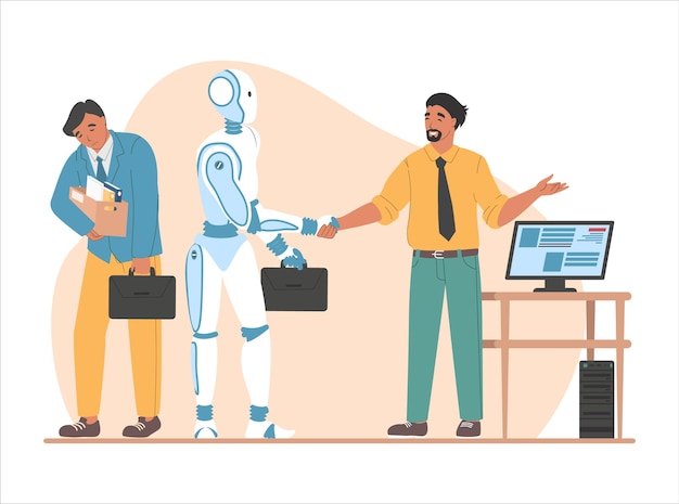 Työntekijän irtisanominen, pomo kättelee robottikättä, tasainen vektorikuva. Tekoälyn ylivoimaisuus. Automaatio.