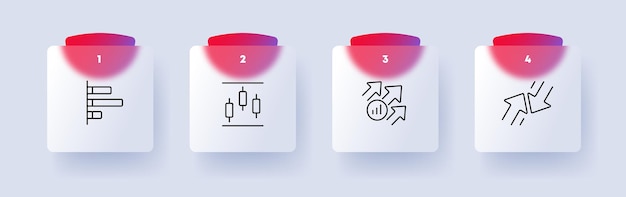 Työskentelyinfografiikkasetti-kuvake Tilastokaaviot pylväskaaviot nuolet tiedonvaihto kasvu lasku tiedonsiirto Liiketoimintakonsepti Glassmorphism-tyyli Vektorilinja-kuvake mainontaan