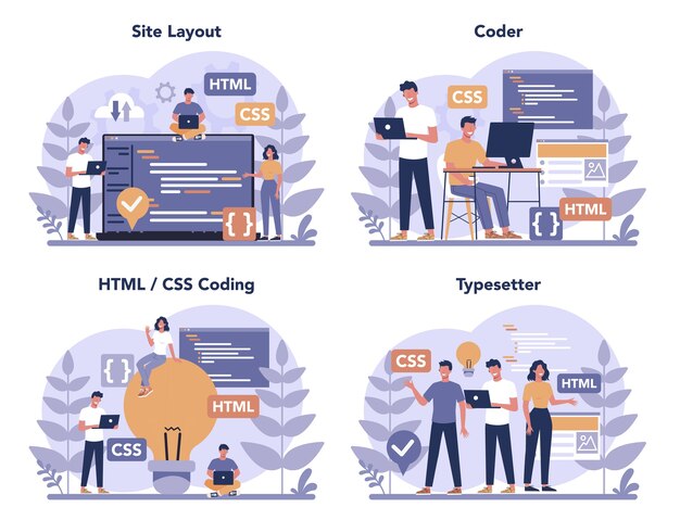 Typersetter concept set. Website constructing. Process of creating website, coding, programming, constructing interface and creating content. Isolated vector illustration