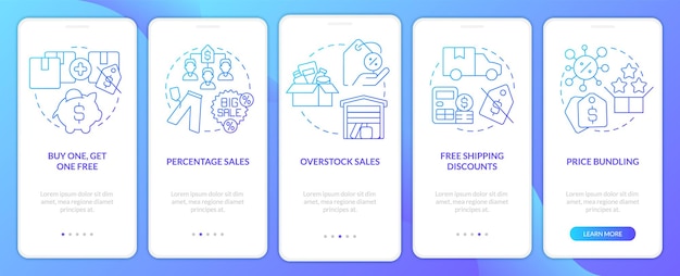 Types of discounts blue gradient onboarding mobile app screen