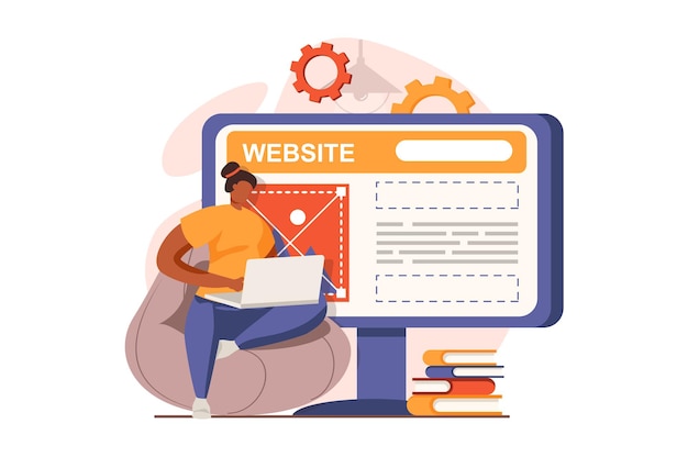 Ui and ux designers web concept in flat design Woman creating and optimizing interface layout for webpages placing content and text blocks working on laptop Vector illustration with people scene