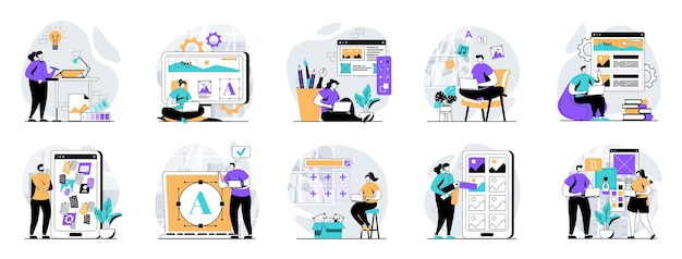 UI UX design web concept with people scenes mega set in flat design Bundle of character situations with user interface layouts creating testing app usability for mobile screen Vector illustrations