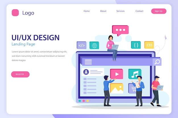 UI UX -designkonsepti UI UX -aloitussivun verkkosivuston tasainen vektorimallipohja