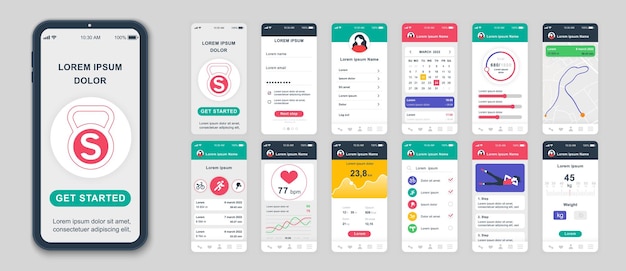 UI UX GUI -näyttöjen sarja. Kuntosovelluksen litteä suunnittelumalli mobiilisovelluksille, responsiivinen verkkosivusto