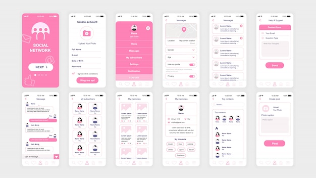 UI-, UX- ja GUI-näyttöjen sarja, sosiaalisen verkoston sovelluksen litteä malli