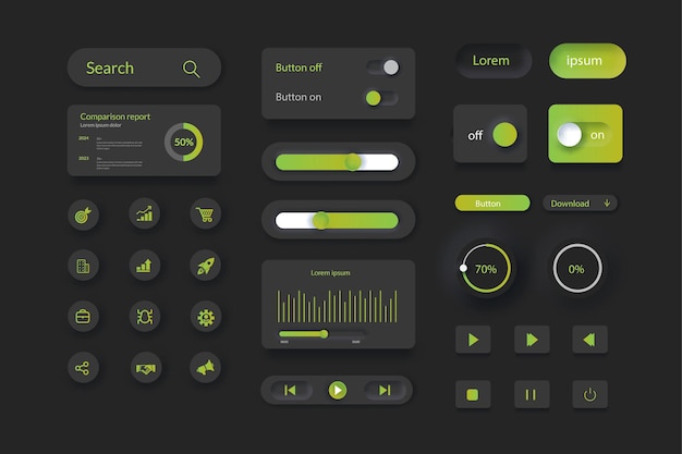 UI UX kit for apps and website UI design with gradient color and realistic drop shadow dark mode