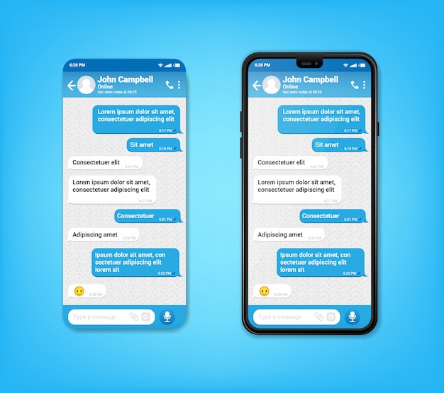 ui ux phone chat blue interface. text message mobile phone. text messaging bubbles in mobile application on a smartphone, vector