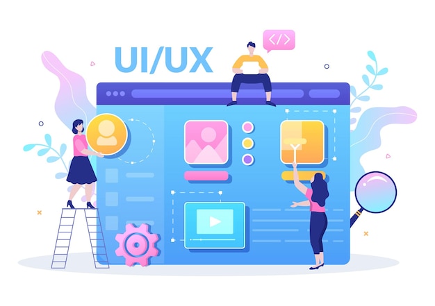 UI & UX Programmer Flat Design Vector Illustration for Business Information and Team Sharing Ideas with Designer, Coding, Interface or Software App Development