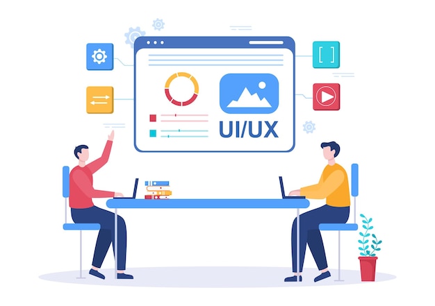 UI & UX Programmer Flat Design Vector Illustration for Business Information and Team Sharing Ideas with Designer, Coding, Interface or Software App Development