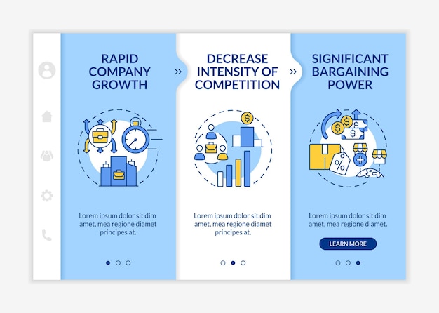 Ulkoisen kasvun edut onboarding-vektorimalli. Responsiiviset mobiilisivut kuvakkeilla. Verkkosivun läpikäynti 3 vaiheen näytöt. Yrityksen kehityksen värikonsepti lineaarisilla kuvituksilla