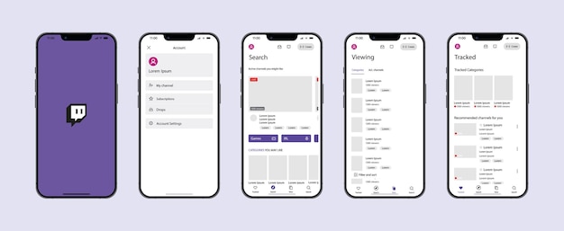 ulraine osiy 04012023 twitch mobile interface twitch screen social media streaming platform interface template homepage search tracked subscription viewing profile editorial illustrative