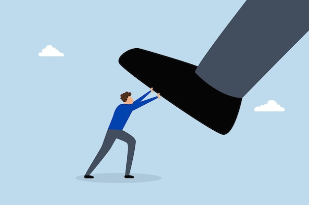 Unfair competition tiny worker attempting to resist rival large stature