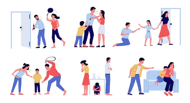 Unhappy family Domestic violence and abusive behavior Conflict scenes set with parents and children Stressed people quarrel and punish kids Vector angry conversation and divorce