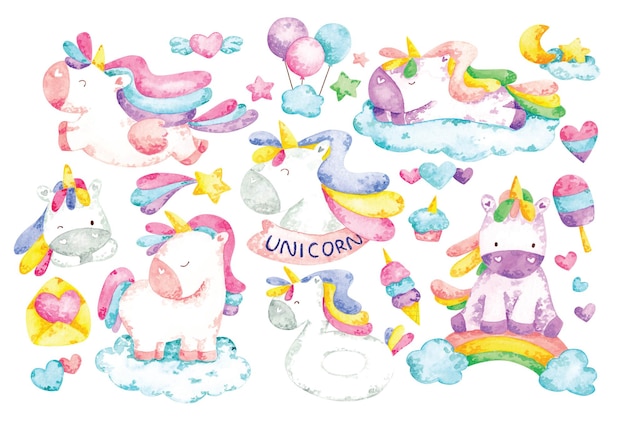 unicorn cartoon set in water color illustration